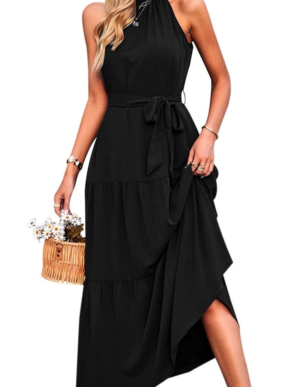 Amazon Black Halter Maxi Dress with Waist Tie